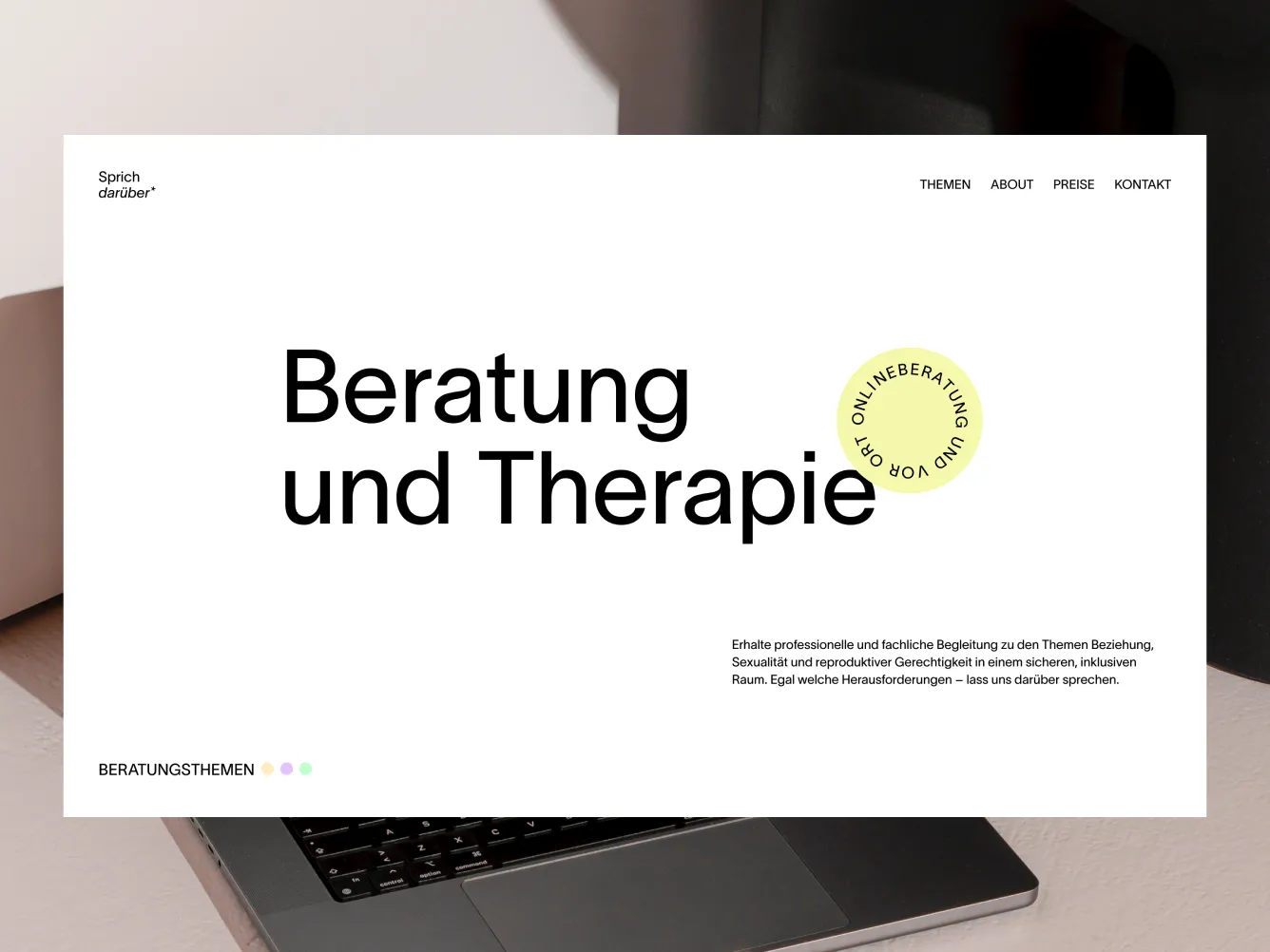 Startseite einer Website mit dem Titel ‚Beratung und Therapie‘